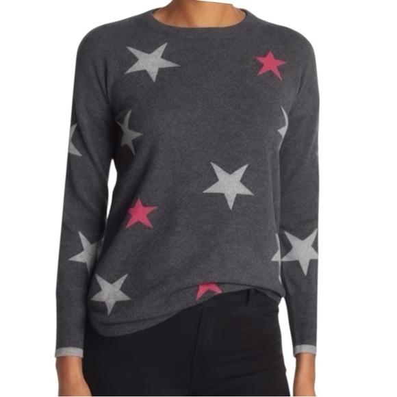 Philosophy 100% Cashmere Gray Sweater W/ Pink & White Star Design Crewneck Smal - Picture 1 of 10